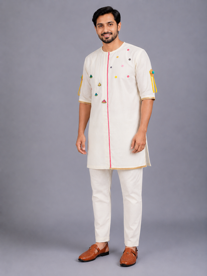 Off white Gulal Holi Embroidered  Kurta Pyjama set