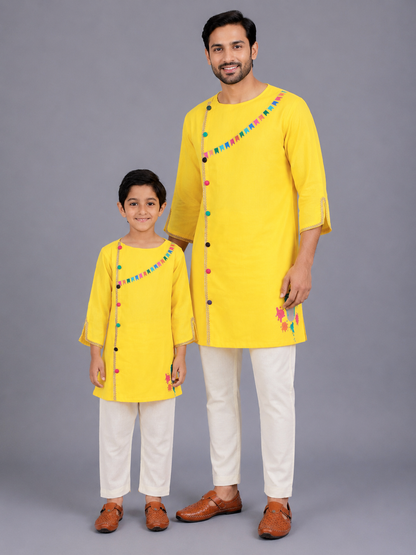 Colorful Yellow Holi Bucket Embroidered  Kurta Pyjama set