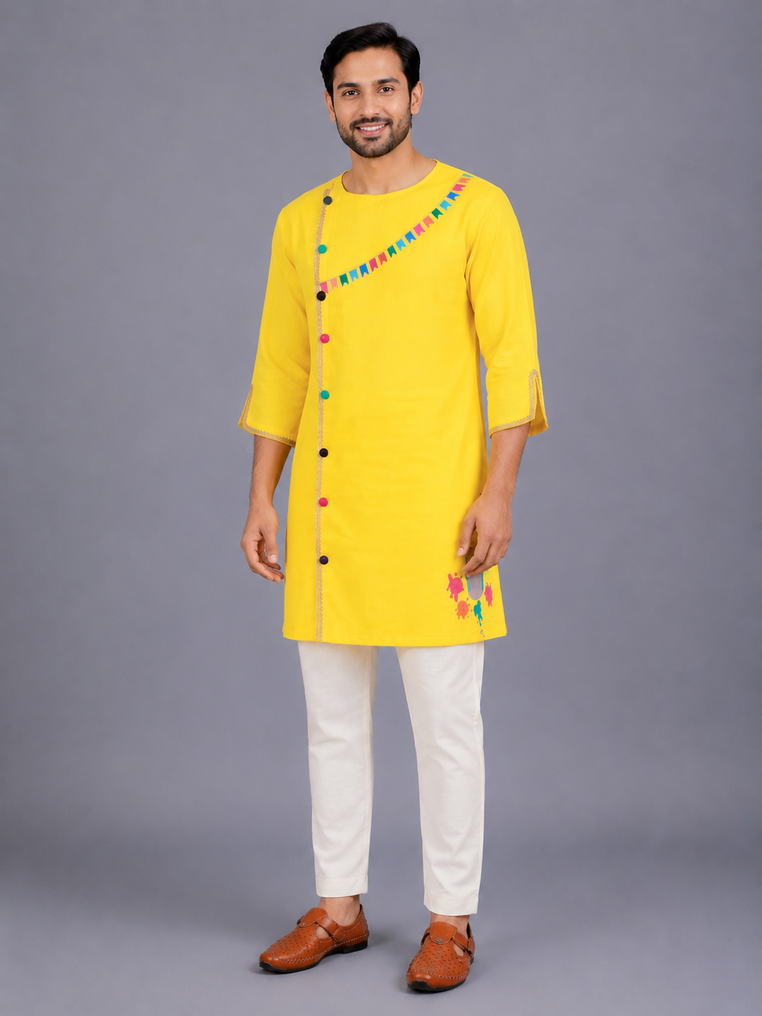 Colorful Yellow Holi Bucket Embroidered  Kurta Pyjama set