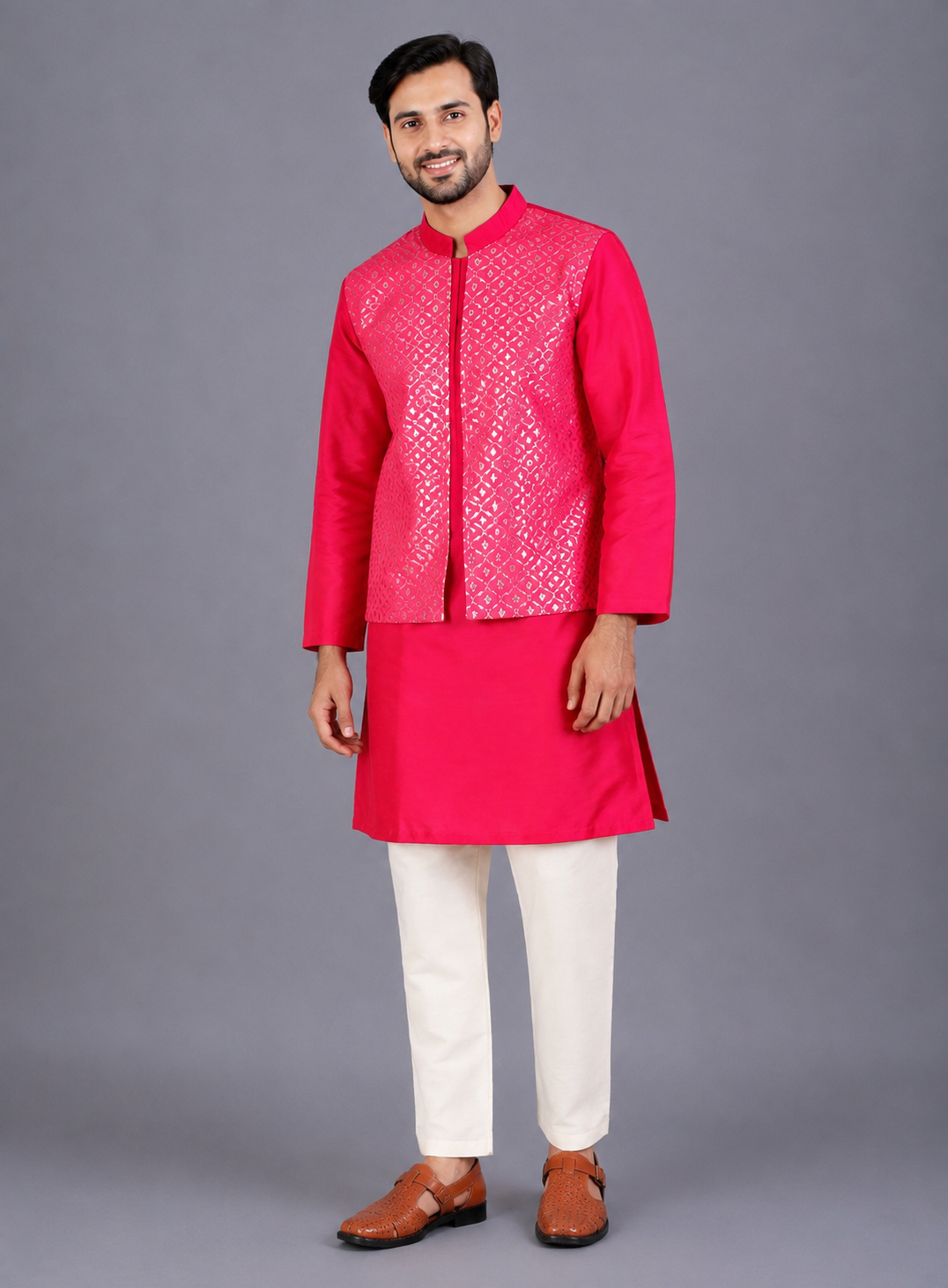 Fuschia Pink  kurta with Attached Jacket and Pyjama