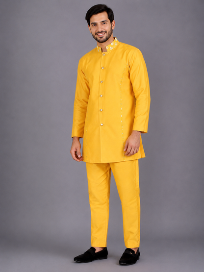 Mustard Yellow Silk Bandhgala set