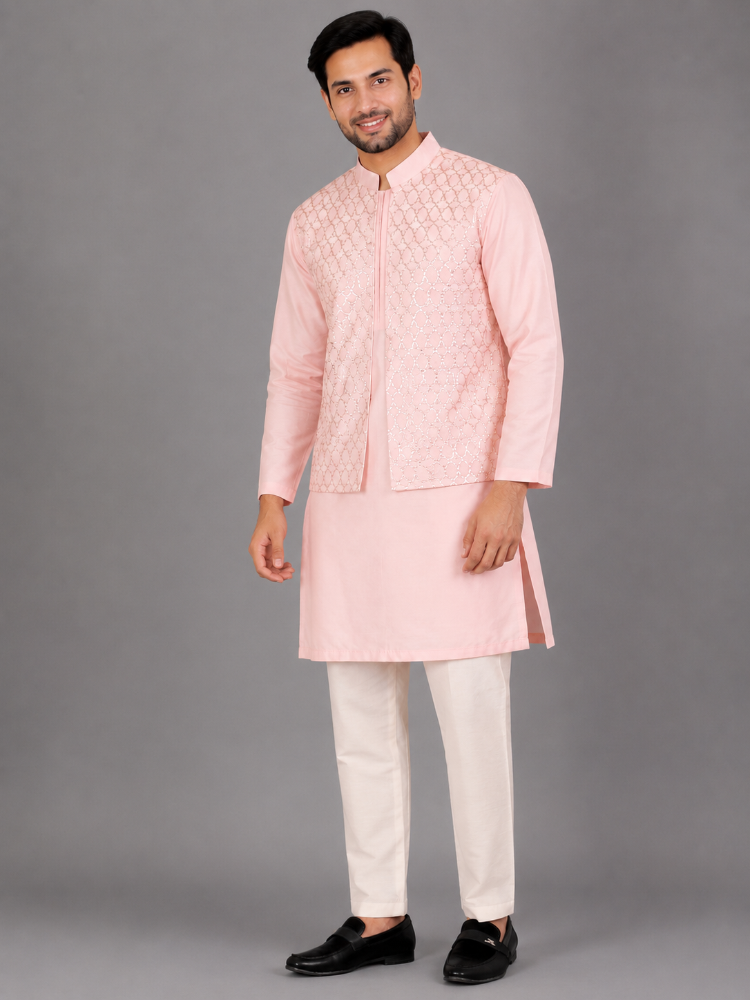 Pastel Pink Kurta with Attached Jacket and Pyjama