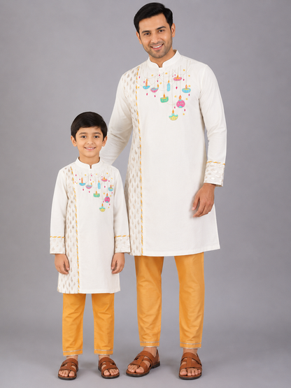 Off white Diwali ornaments Embroidered Kurta Pyjama Set