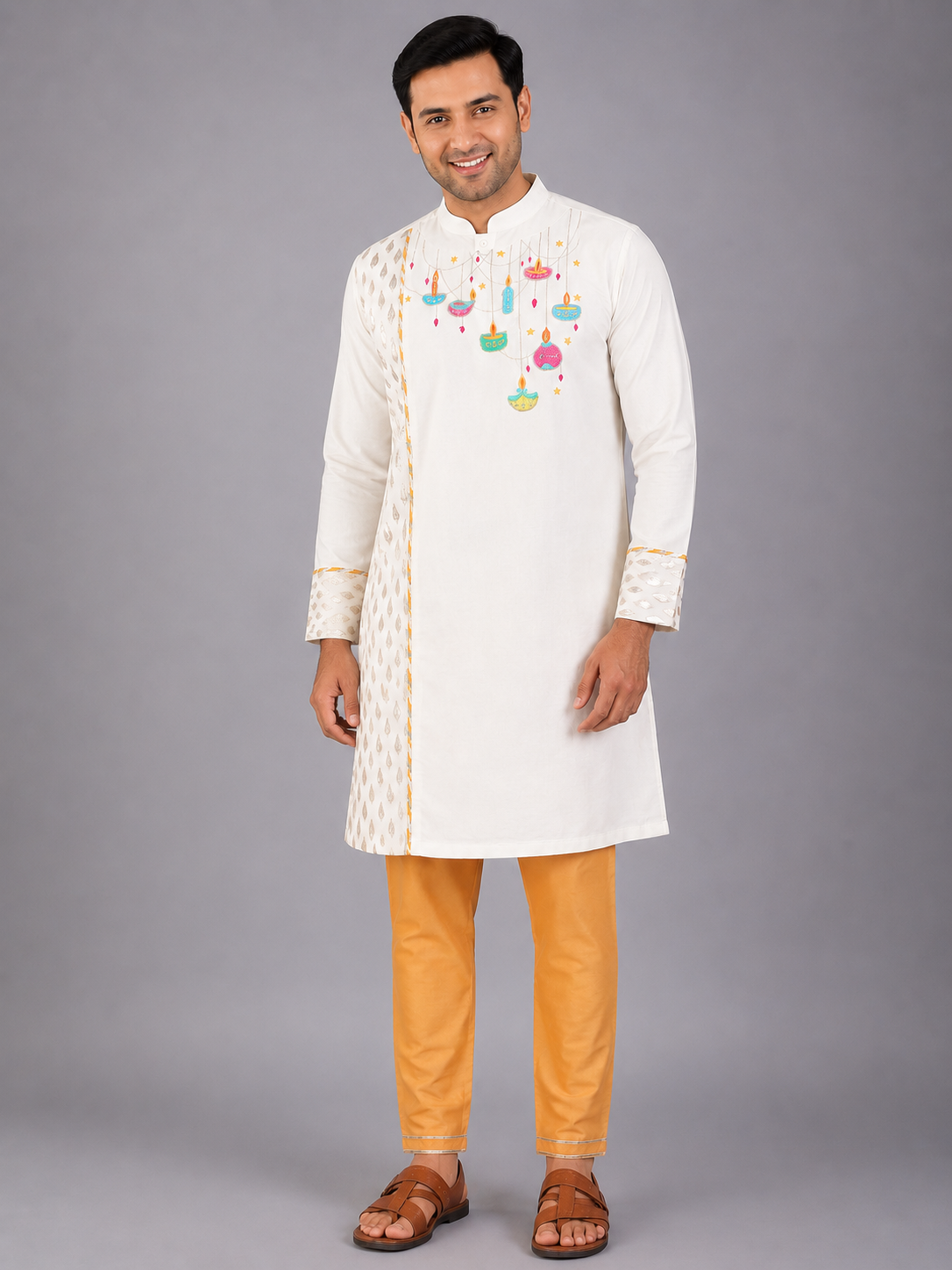 Off white Diwali ornaments Embroidered Kurta Pyjama Set