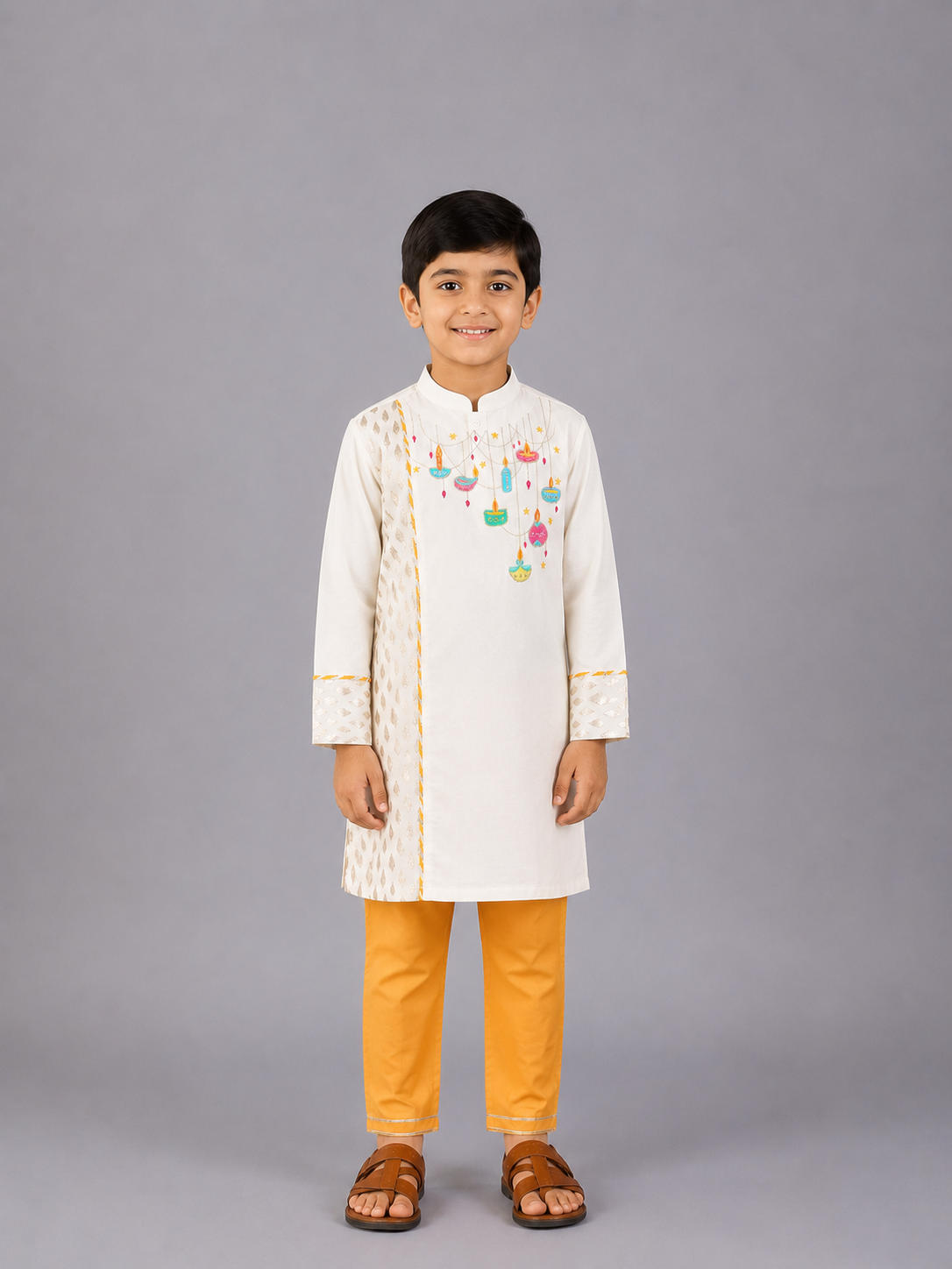 Off white Diwali ornaments Embroidered Kurta Pyjama Set