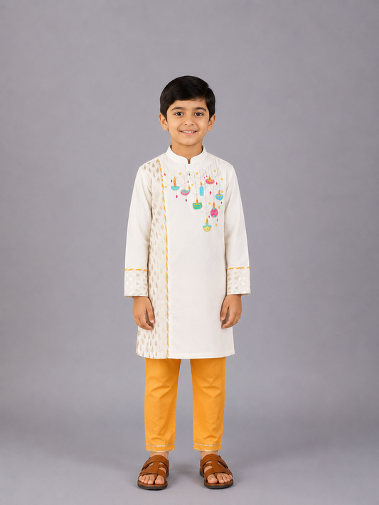 Off white Diwali ornaments Embroidered Kurta Pyjama Set