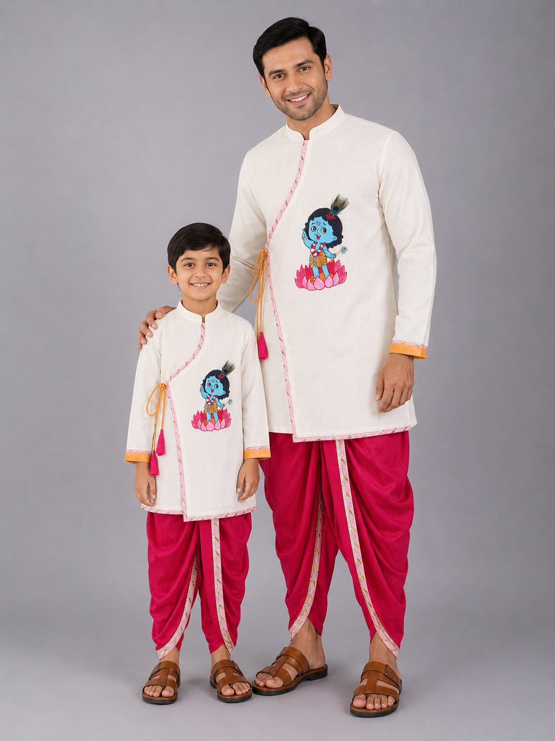 Off White Krishna Embroidered Angrakha Kurta Dhoti  Set