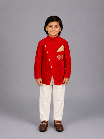 Pink Velvet bandhgala set with Offwhite trousers