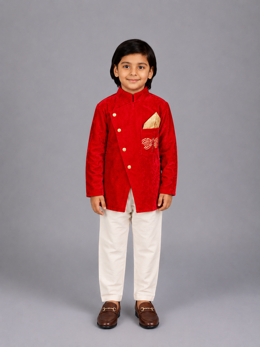 Pink Velvet bandhgala set with Offwhite trousers