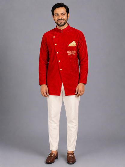 Pink Velvet bandhgala set with Offwhite trousers