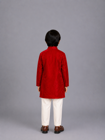 Pink Velvet bandhgala set with Offwhite trousers