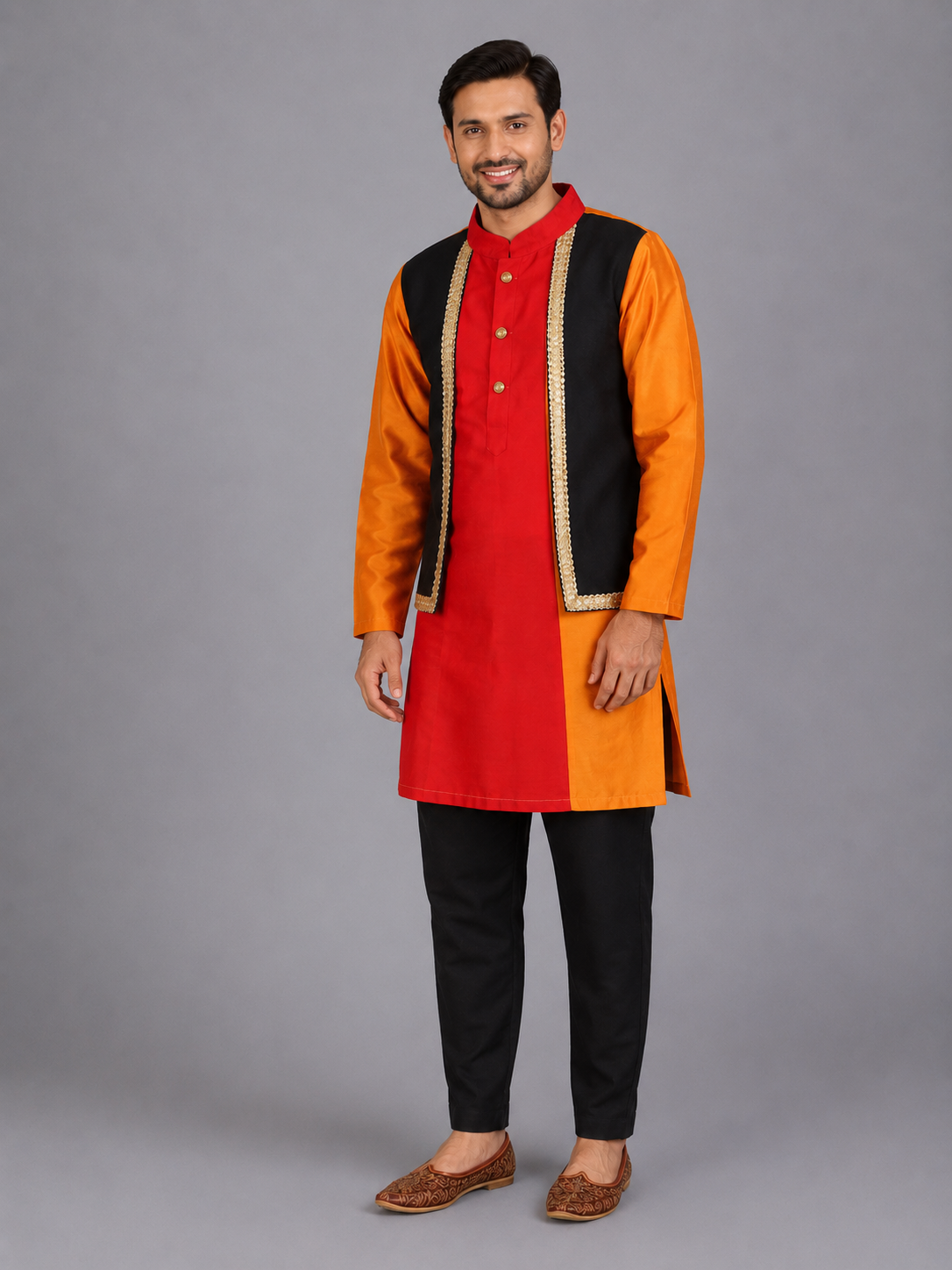 Multi Colored Kurta with Attached Black jacket