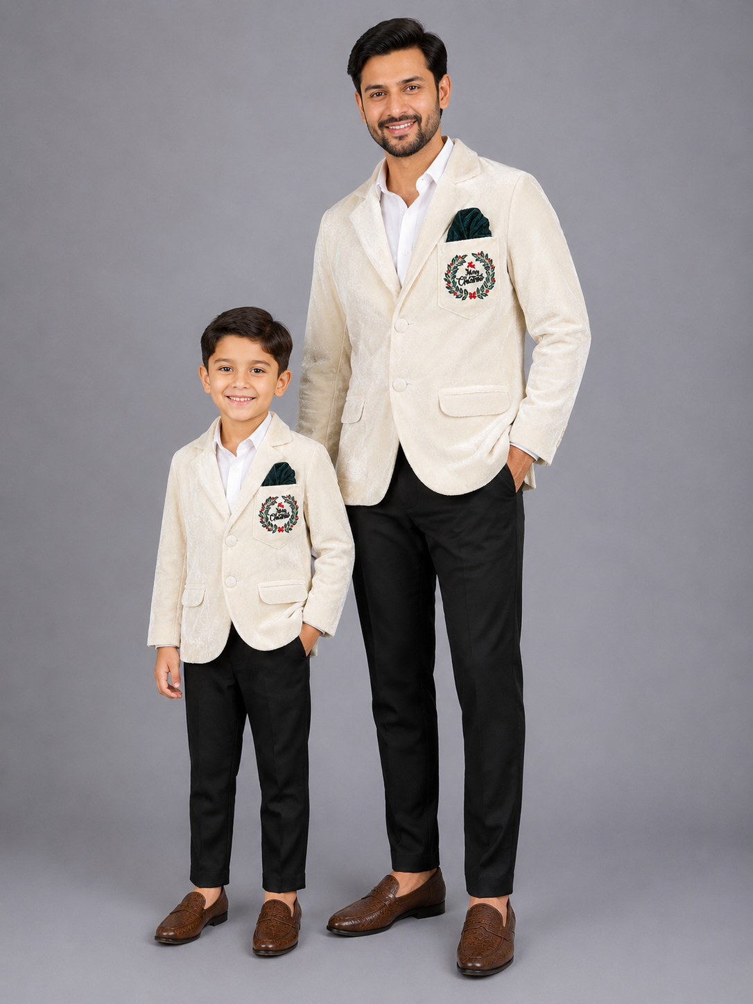 Off white Merry Christmas Embroidered Velvet Blazer
