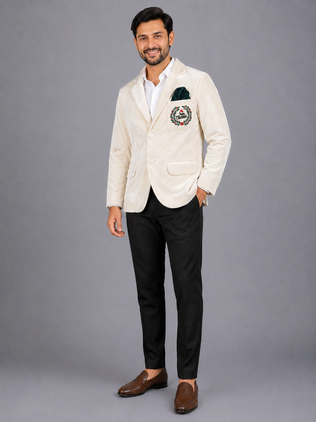 Off white Merry Christmas Embroidered Velvet Blazer
