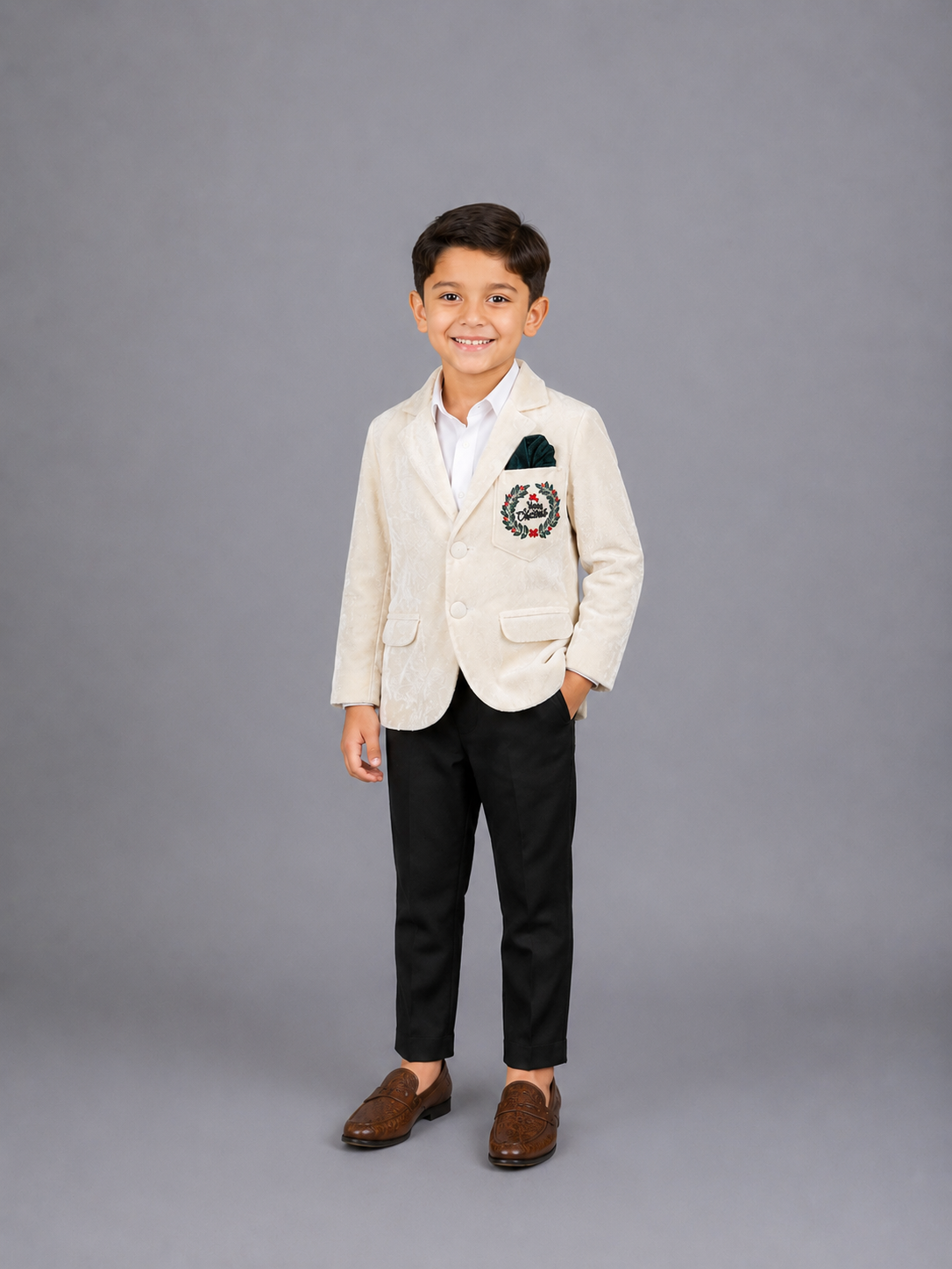 Off white Merry Christmas Embroidered Velvet Blazer