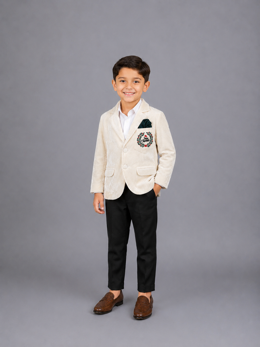Off white Merry Christmas Embroidered Velvet Blazer