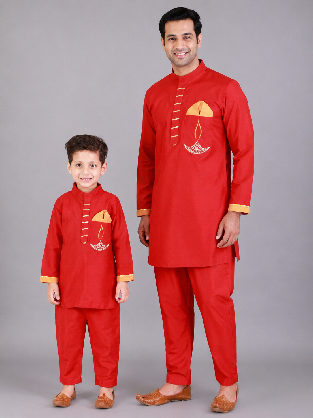 Red Fire Lamp embroidred Kurta with Beige Pyjama