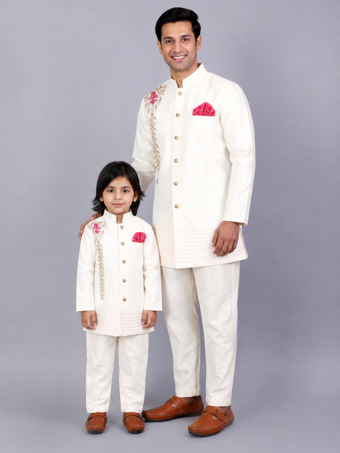 Offwhite Embroidered Silk Bandhgala with Silk Trousers