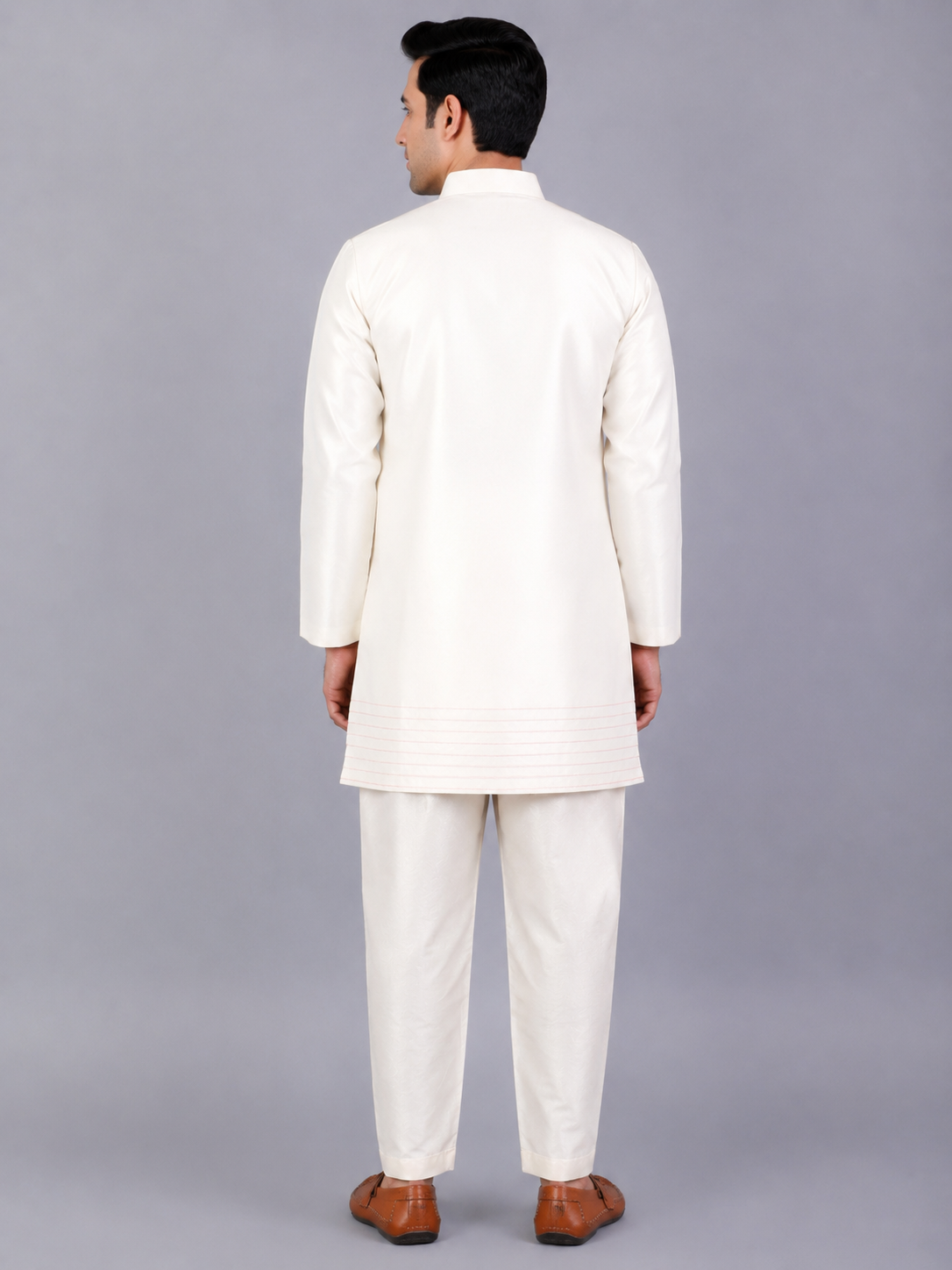 Offwhite Embroidered Silk Bandhgala with Silk Trousers