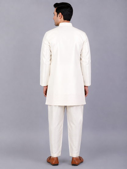 Offwhite Embroidered Silk Bandhgala with Silk Trousers