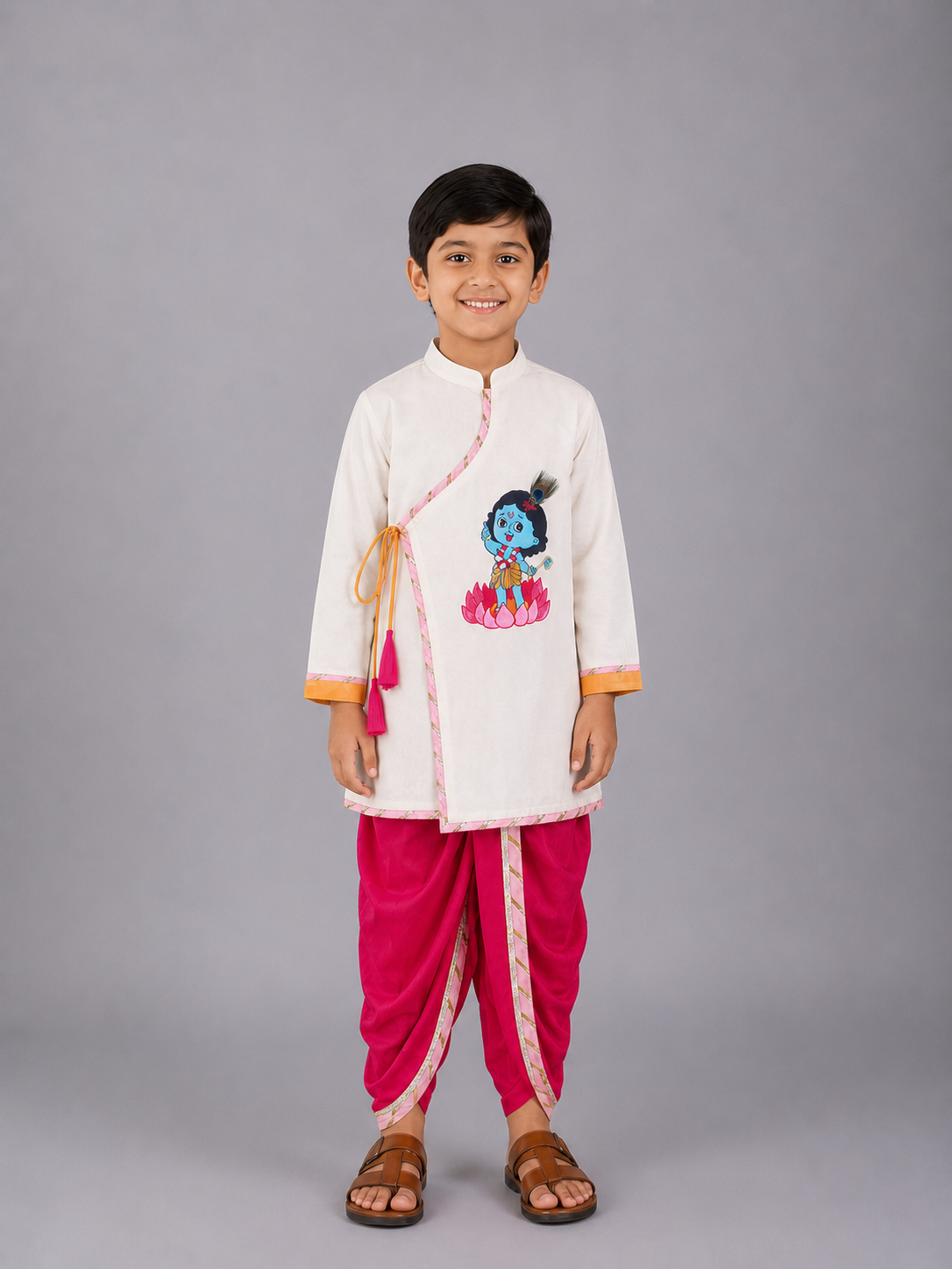 Off White Krishna Embroidered Angrakha Kurta Dhoti  Set