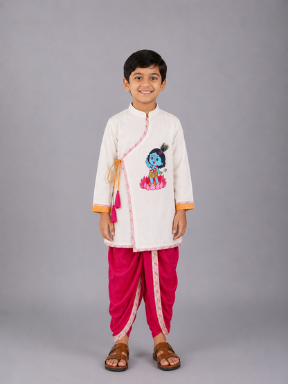 Off White Krishna Embroidered Angrakha Kurta Dhoti  Set