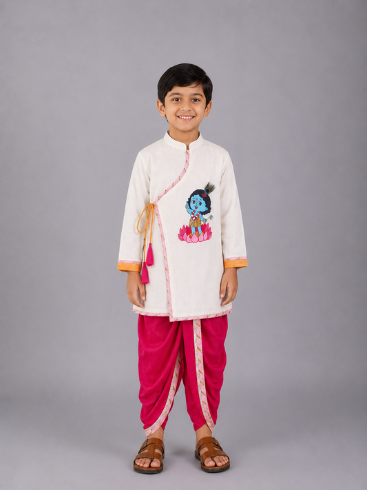 Off White Krishna Embroidered Angrakha Kurta Dhoti  Set