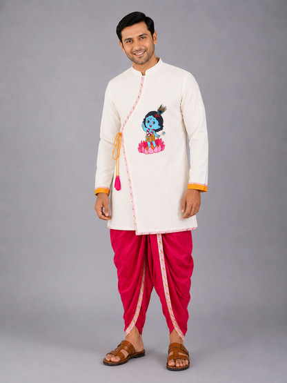 Off White Krishna Embroidered Angrakha Kurta Dhoti  Set