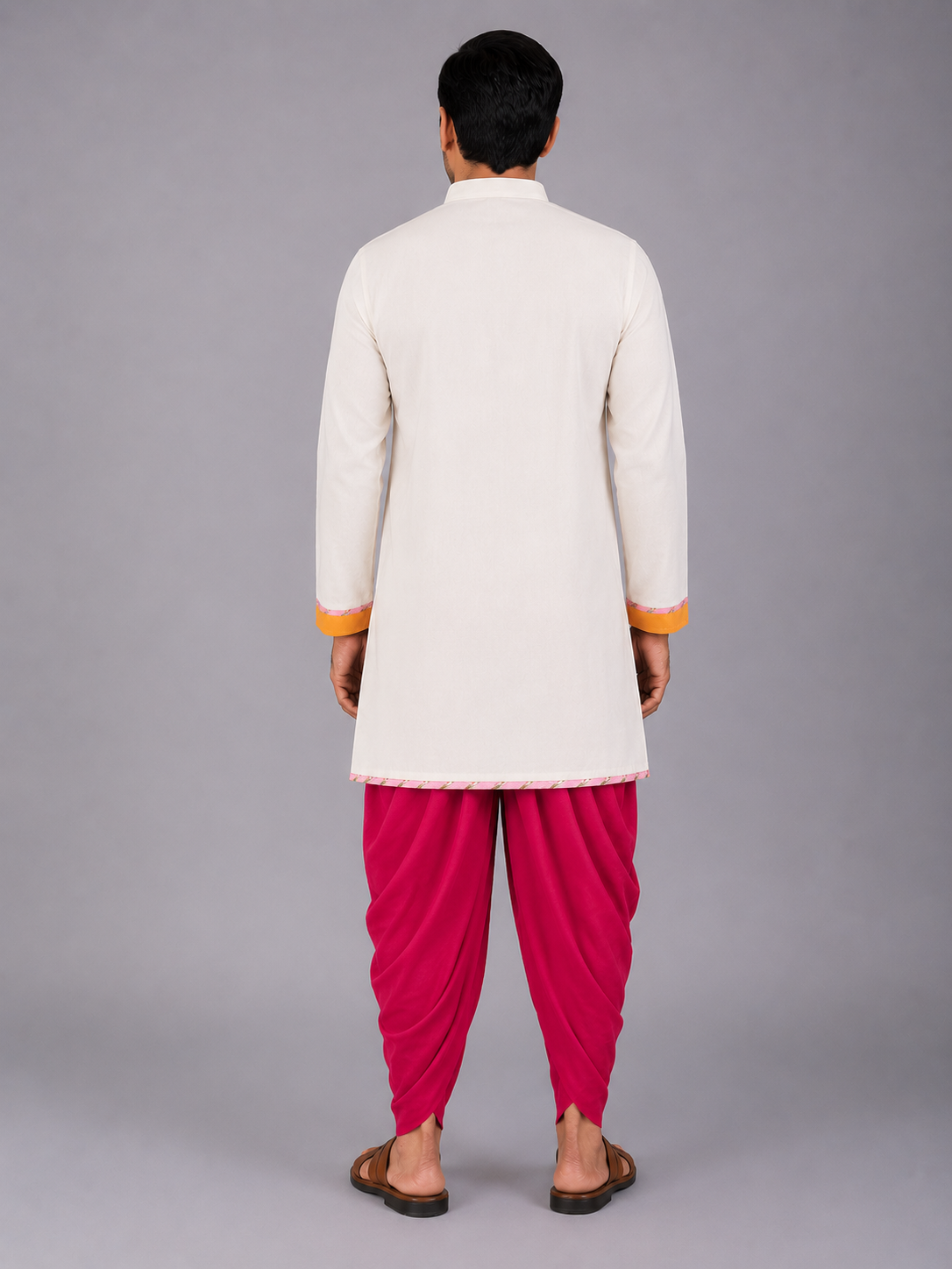 Off White Krishna Embroidered Angrakha Kurta Dhoti  Set