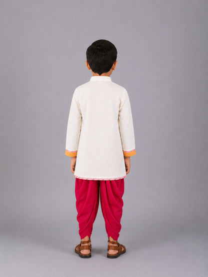 Off White Krishna Embroidered Angrakha Kurta Dhoti  Set