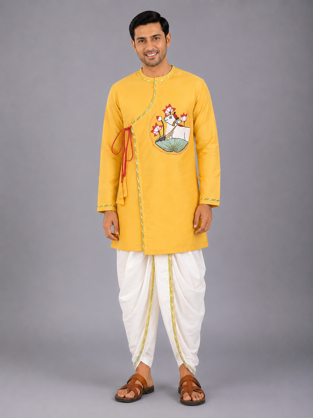 Mustard Pichwai Embroidered Angrakha Kurta Dhoti  Set