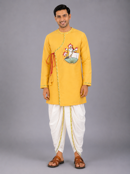 Mustard Pichwai Embroidered Angrakha Kurta Dhoti  Set