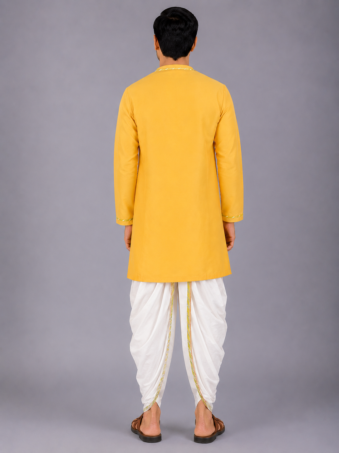 Mustard Pichwai Embroidered Angrakha Kurta Dhoti  Set