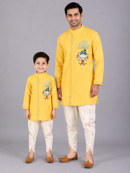 Mustard Ganpati Embroidered Kurta Dhoti  Set