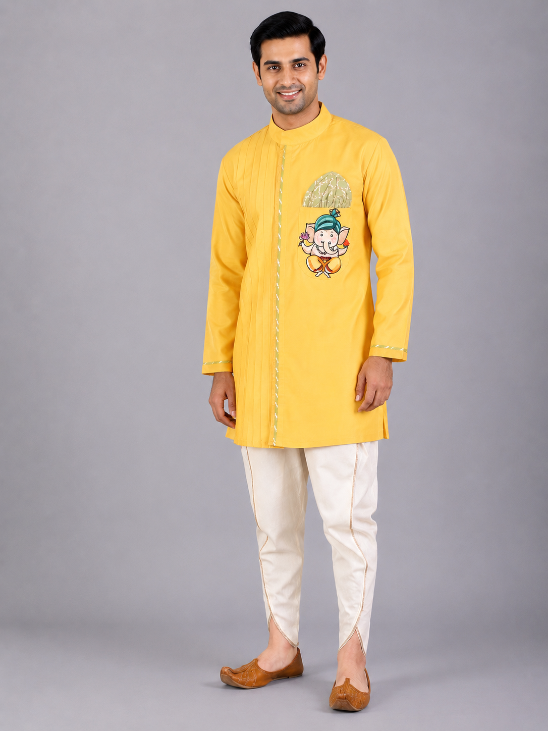 Mustard Ganpati Embroidered Kurta Dhoti  Set