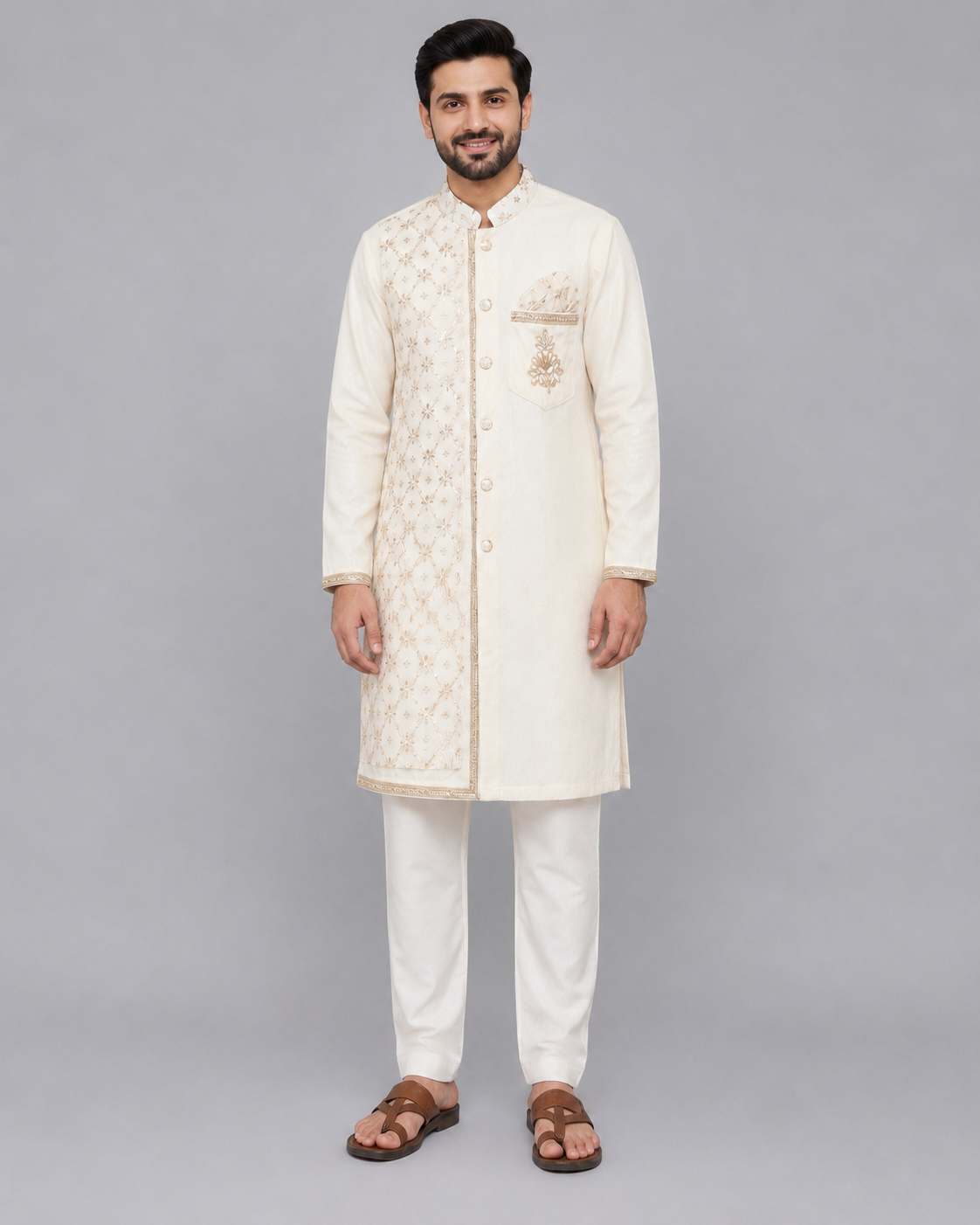 Off white Velvet Kurta set with chanderi panel