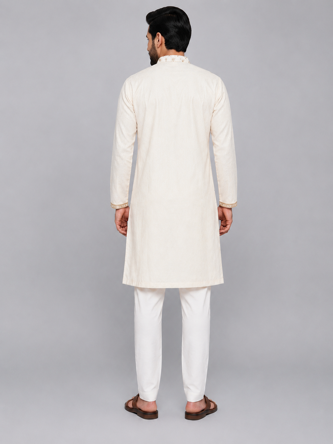 Off white Velvet Kurta set with chanderi panel