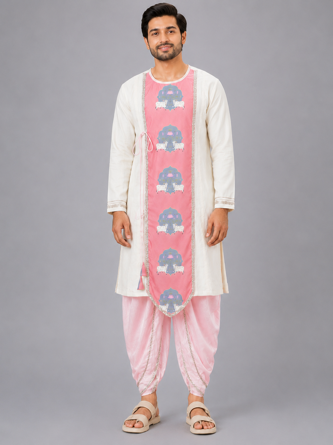 Cow printed Pink and off white Kurta payjama  set