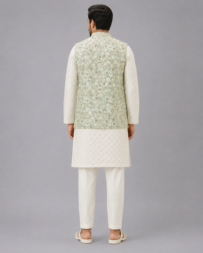 Green Sequins Embroidery Nehru jacket Kurta Pyjama set