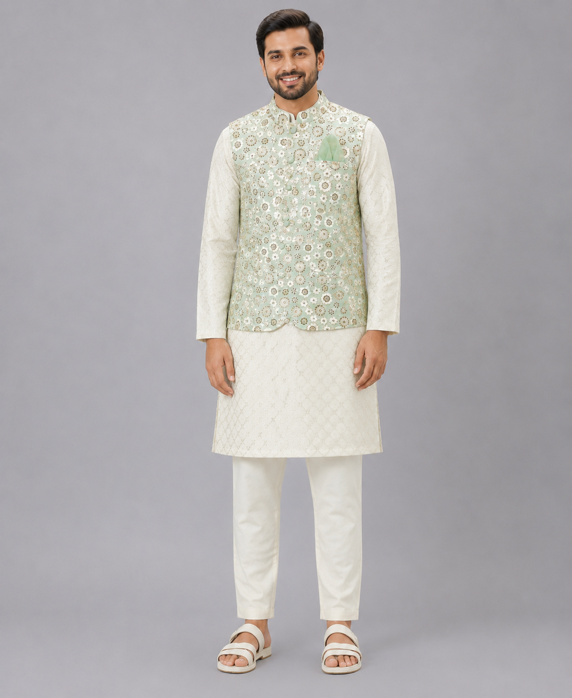 Green Sequins Embroidery Nehru jacket Kurta Pyjama set