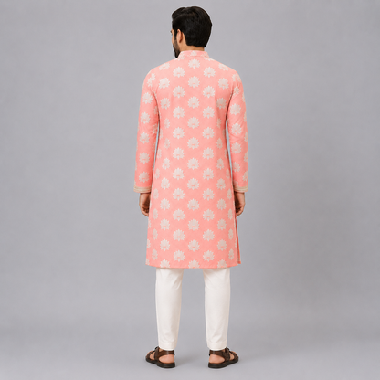 Peach  Kurta with Attached heavy Embrodiery Jacket Pyjama set