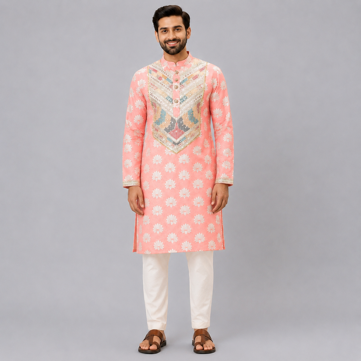 Peach  Kurta with Attached heavy Embrodiery Jacket Pyjama set