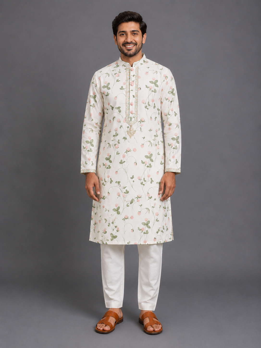 Floral Printed Kurta With Off White Pyjama