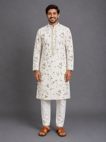 Floral Printed Kurta With Off White Pyjama