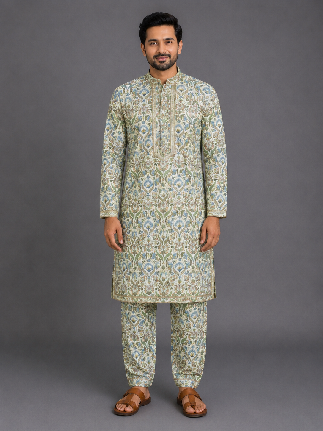 Floral Embroidered Multicolour Kurta With Matching Pyjama