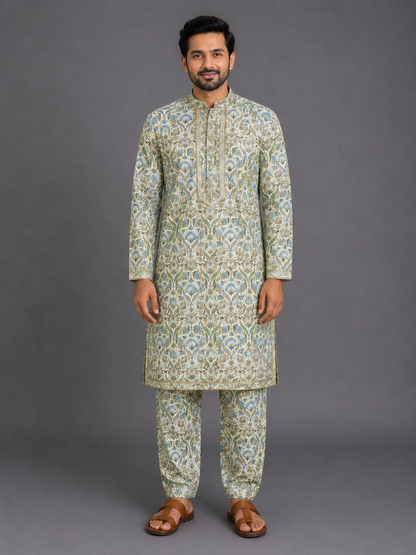 Floral Embroidered Multicolour Kurta With Matching Pyjama