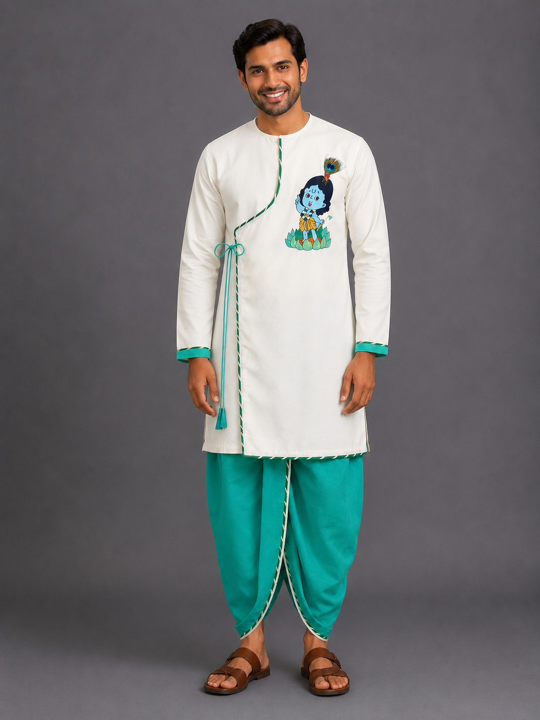 Green  Krishna Embroidered Angrakha Kurta Dhoti  Set