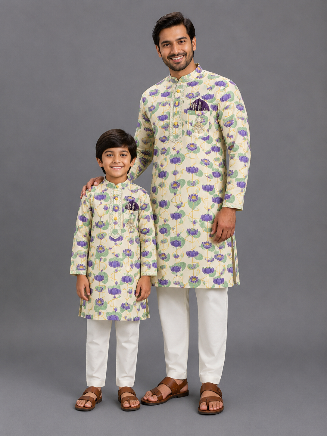 Gold Lotus Printed Kurta Pajama set