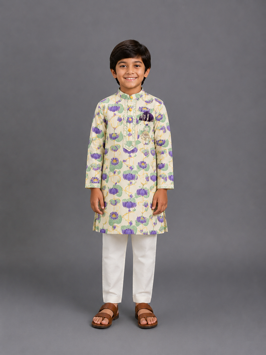 Gold Lotus Printed Kurta Pajama set