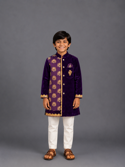 Purple Velvet Lotus Print Kurta set